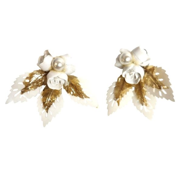Vintage Floral Clip-On Earrings With White Roses & Gold Leaves Faux Pearl Accent - Picture 1 of 7